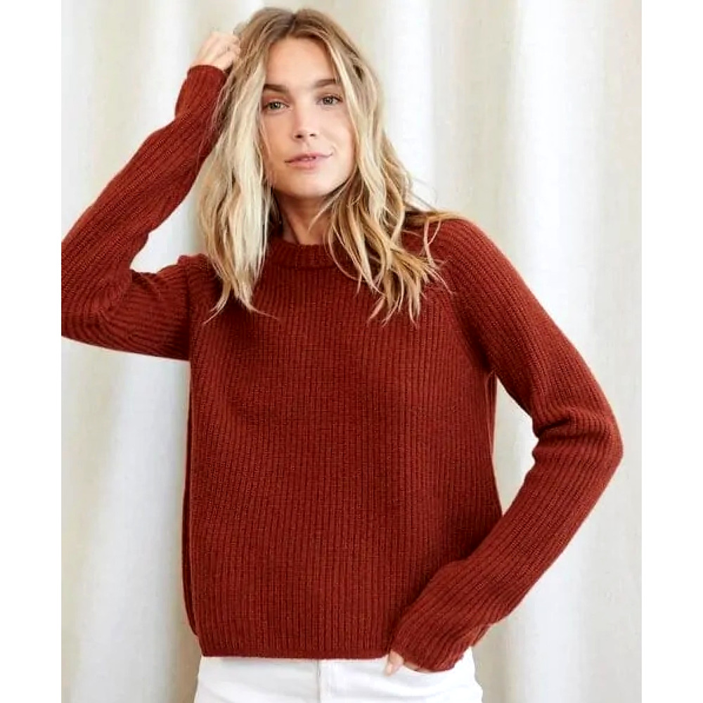 Jenni Kayne S Cashmere Fisherman Sweater $425 Crewneck Rust Red Brown